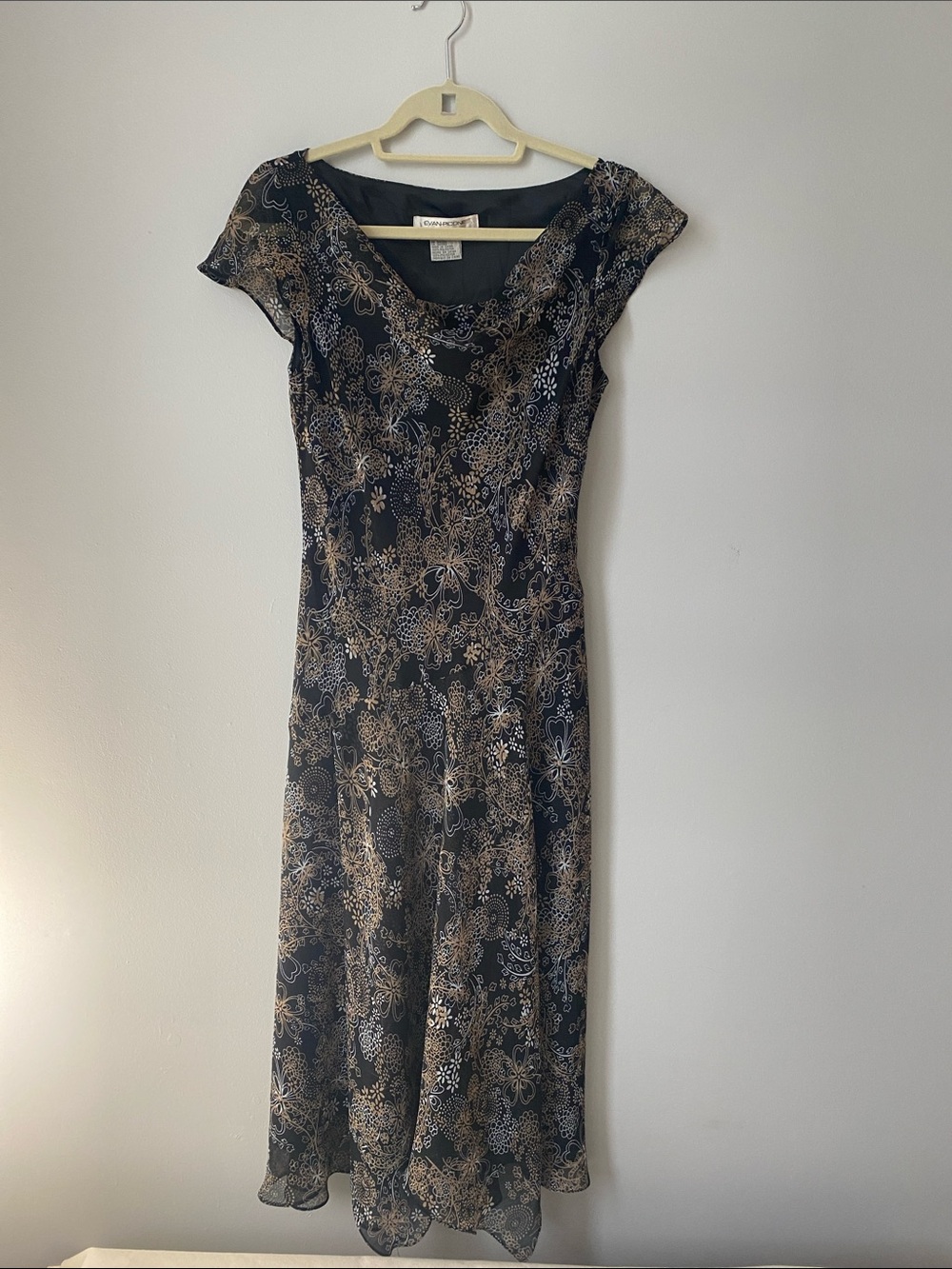 Evan Picone Black Midi Dress with Gold Floral Pattern
